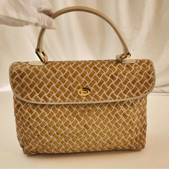 Bally Hand Bag Top Handle Braided Leather Purse Turn Lock Cream and Yellow - Picture 1 of 14